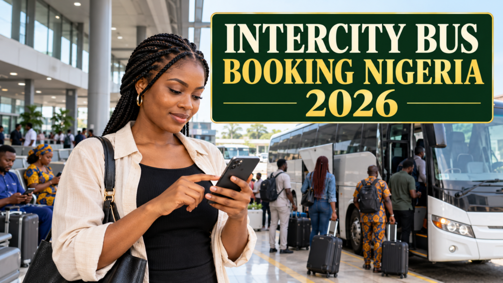 Nigerian traveller comparing coach tickets with Intercity Bus Booking Nigeria 2026 text