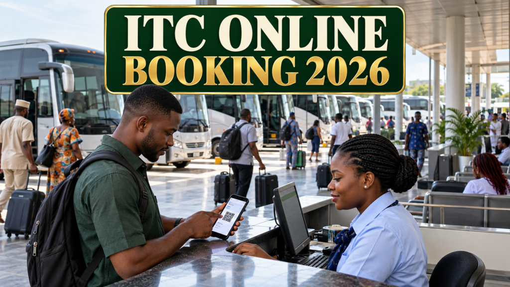 Nigerian traveller verifying a booking with ITC Online Booking 2026 text