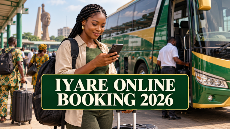 Nigerian traveller using a phone beside a coach with Iyare Online Booking 2026 text