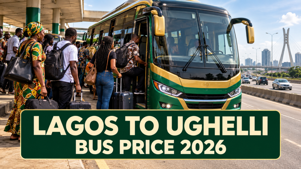 Passengers boarding a coach in Lagos with Lagos to Ughelli Bus Price 2026 text