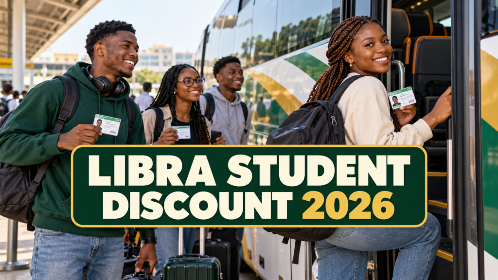 Nigerian university students boarding a coach with Libra Student Discount 2026 text