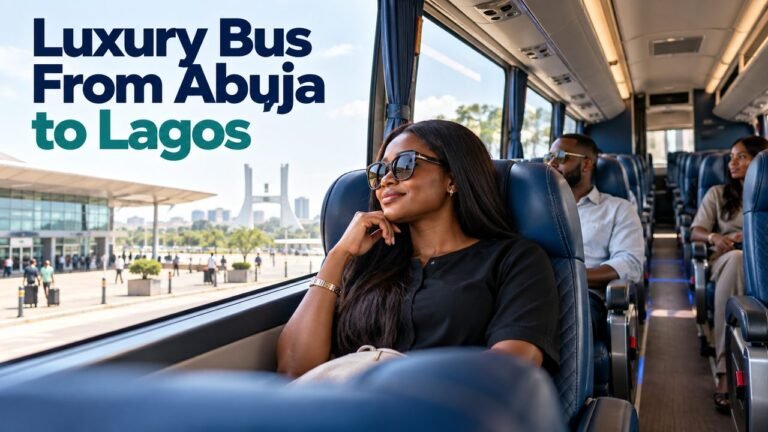 Executive coach interior with the text Luxury Bus From Abuja to Lagos
