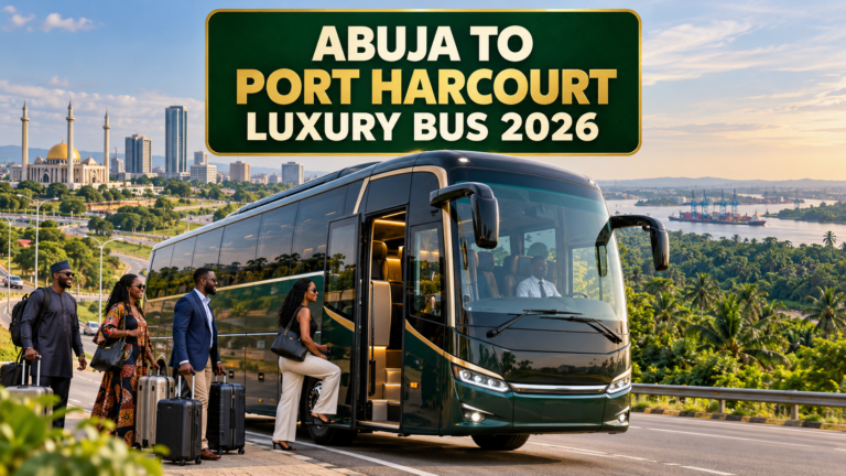 Premium coach travelling south with Abuja to Port Harcourt Luxury Bus 2026 text