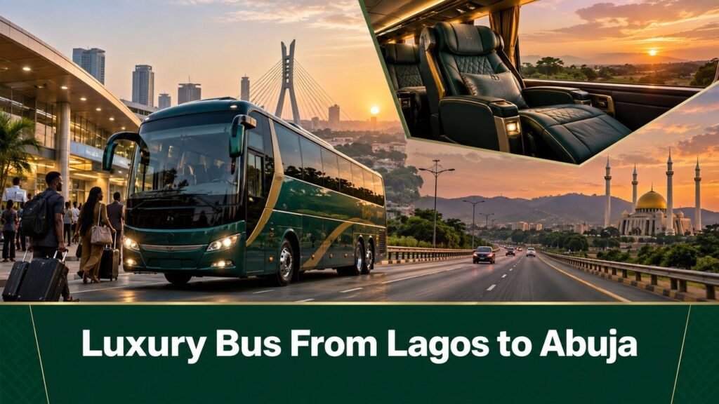 Premium coach on the Lagos to Abuja road with the text Luxury Bus From Lagos to Abuja