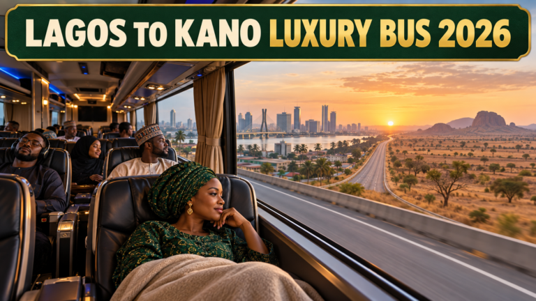 Premium coach interior and northern road with Lagos to Kano Luxury Bus 2026 text