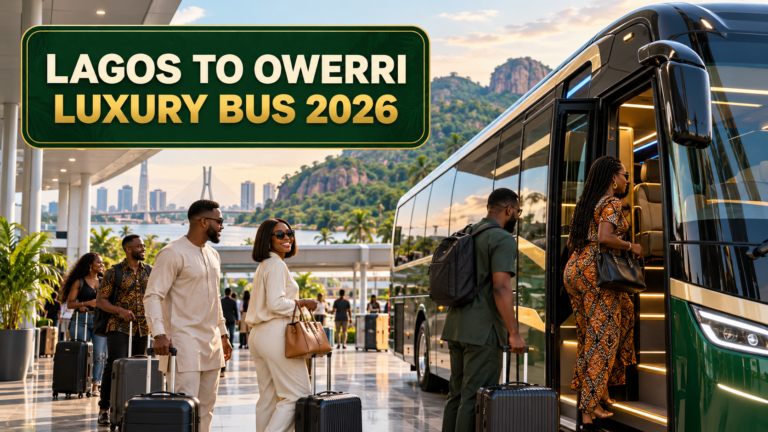 Nigerian travellers boarding a premium coach with Lagos to Owerri Luxury Bus 2026 text