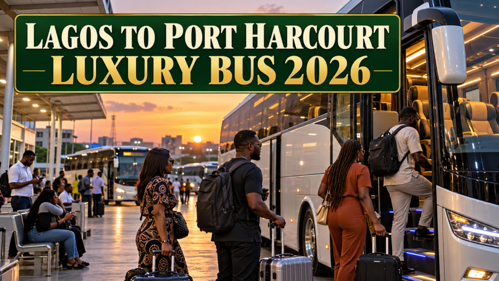 Premium Nigerian coach at sunset with Lagos to Port Harcourt Luxury Bus 2026 text