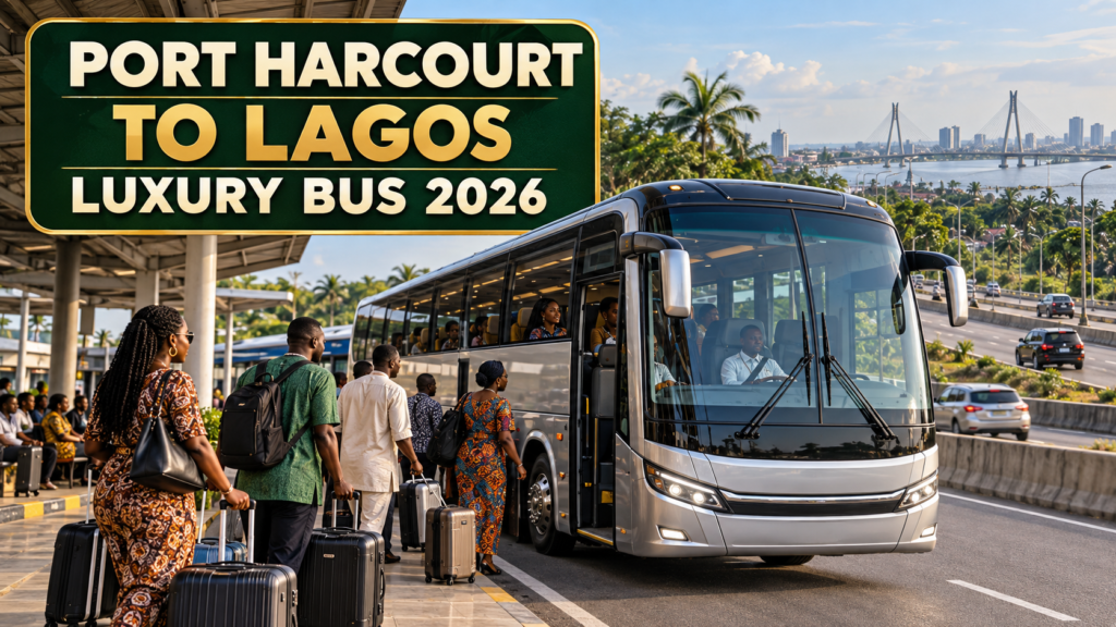 Premium coach and Nigerian passengers with Port Harcourt to Lagos Luxury Bus 2026 text