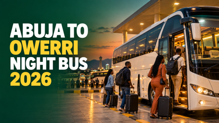 Nigerian passengers boarding an intercity coach at night with Abuja to Owerri Night Bus 2026 text