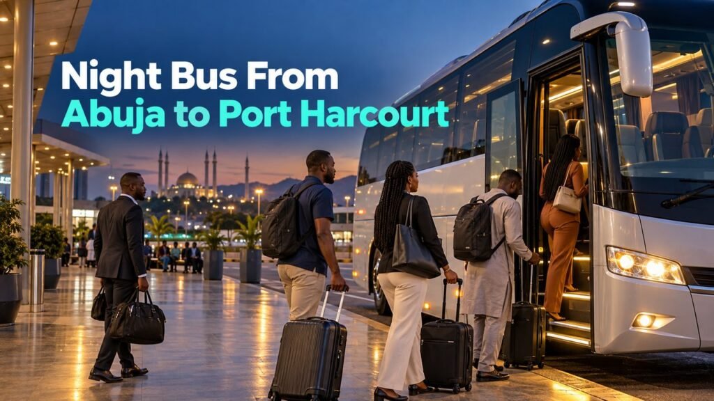 Coach boarding after sunset with the text Night Bus From Abuja to Port Harcourt
