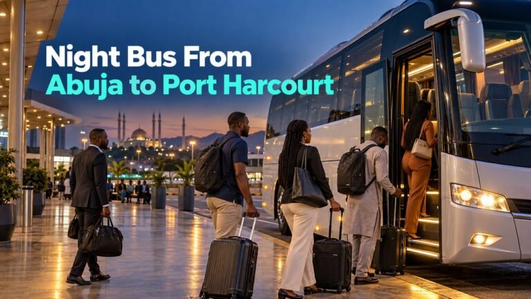 Coach boarding after sunset with the text Night Bus From Abuja to Port Harcourt