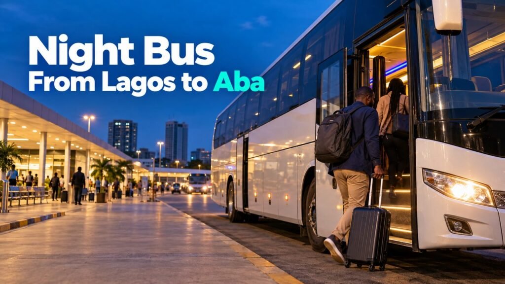 Coach boarding at night with the text Night Bus From Lagos to Aba