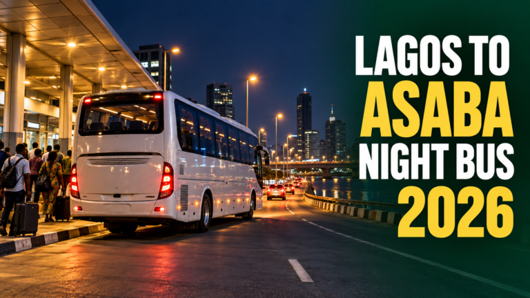 Coach leaving a Lagos terminal at night with Lagos to Asaba Night Bus 2026 text