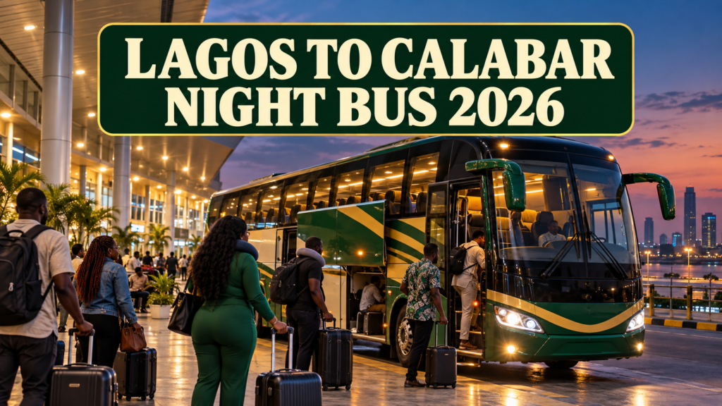 Coach boarding at dusk with Lagos to Calabar Night Bus 2026 text