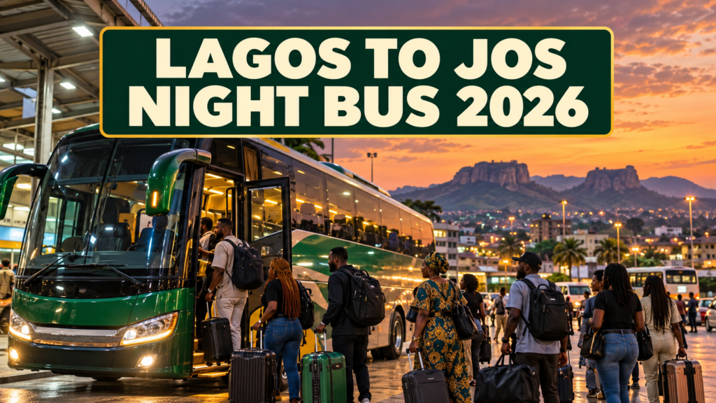 Coach boarding in evening light with Lagos to Jos Night Bus 2026 text
