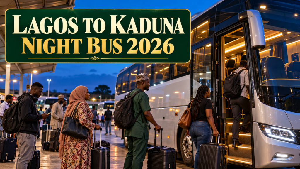 Nigerian passengers boarding an evening coach with Lagos to Kaduna Night Bus 2026 text