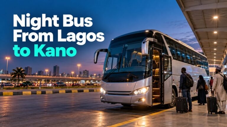 Coach at a Lagos terminal after sunset with the text Night Bus From Lagos to Kano