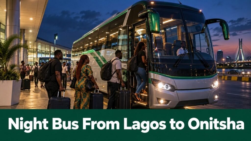 Coach boarding at a Lagos terminal after dark with the text Night Bus From Lagos to Onitsha