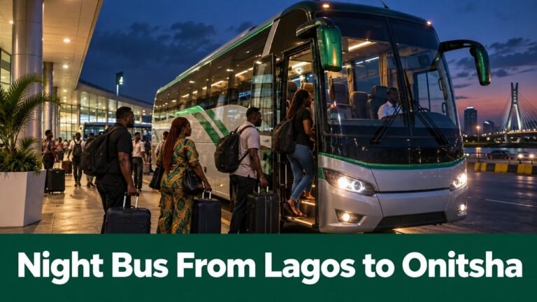 Coach boarding at a Lagos terminal after dark with the text Night Bus From Lagos to Onitsha