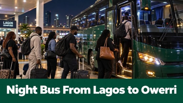 Night coach boarding in Lagos with the text Night Bus From Lagos to Owerri