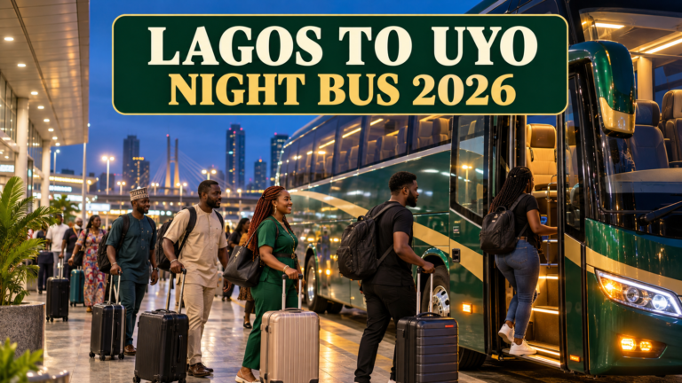 Travellers boarding a coach at night with Lagos to Uyo Night Bus 2026 text