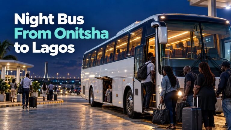 Coach boarding at night with the text Night Bus From Onitsha to Lagos
