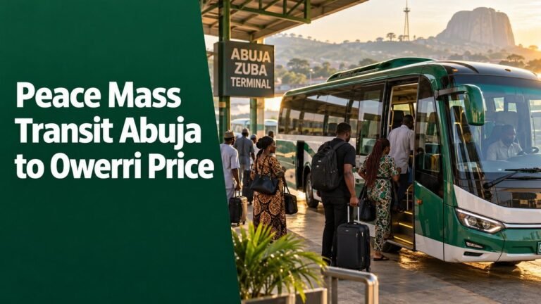 Coach boarding at Abuja Zuba with the text Peace Mass Transit Abuja to Owerri Price