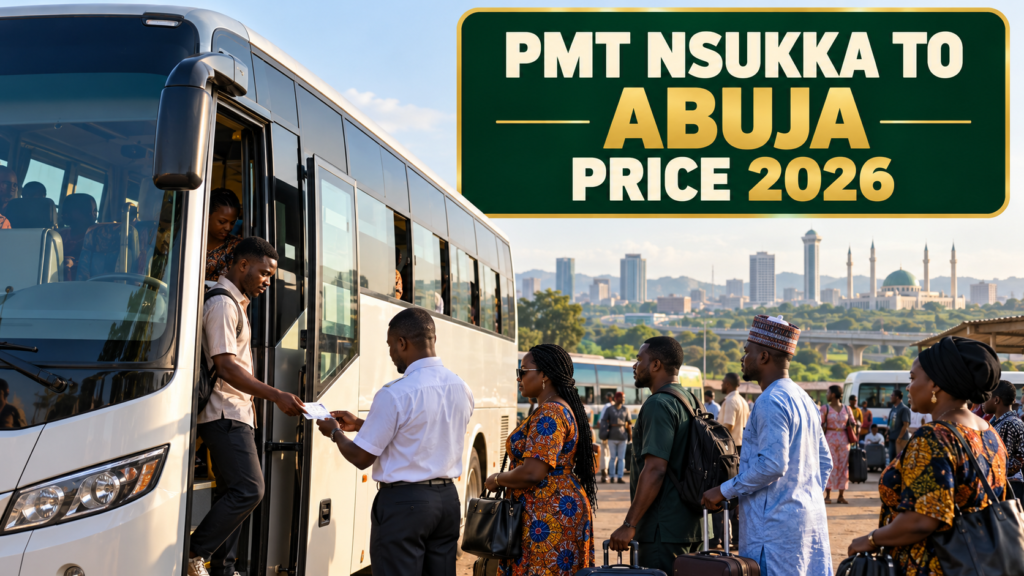 Nigerian passengers boarding a coach with PMT Nsukka to Abuja Price 2026 text