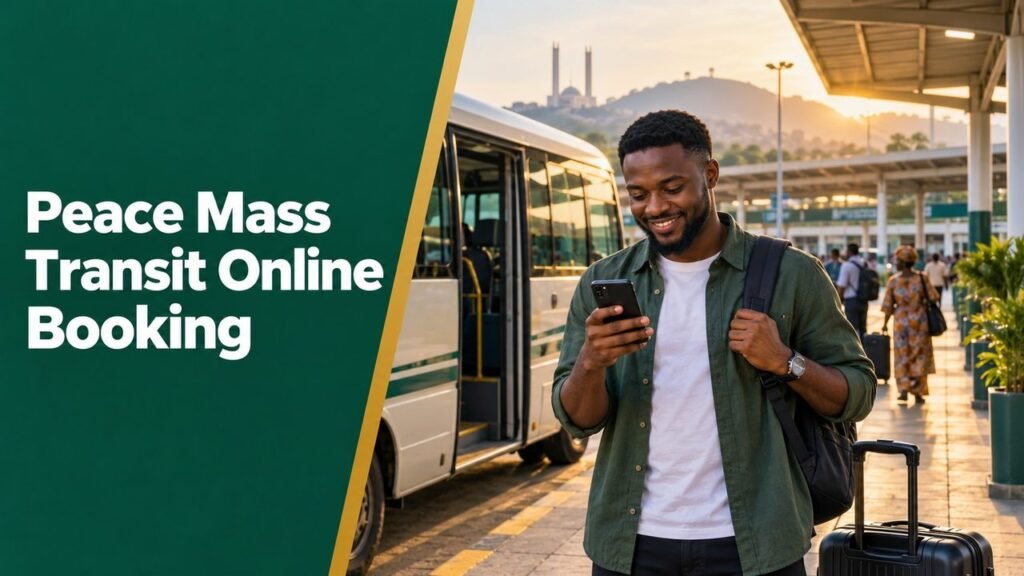 Nigerian traveller using a phone beside a coach with the text Peace Mass Transit Online Booking