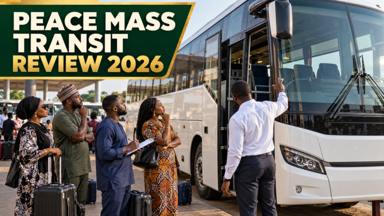 Nigerian travellers evaluating a coach with Peace Mass Transit Review 2026 text