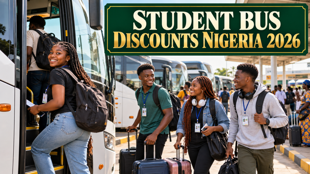 Nigerian university students boarding a coach with Student Bus Discounts Nigeria 2026 text