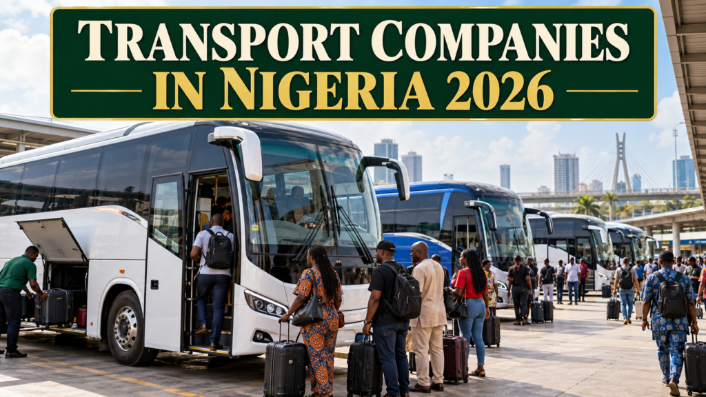 Modern Nigerian coaches with Transport Companies in Nigeria 2026 text