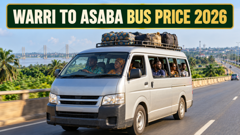 Regional minibus on a Delta State road with Warri to Asaba Bus Price 2026 text