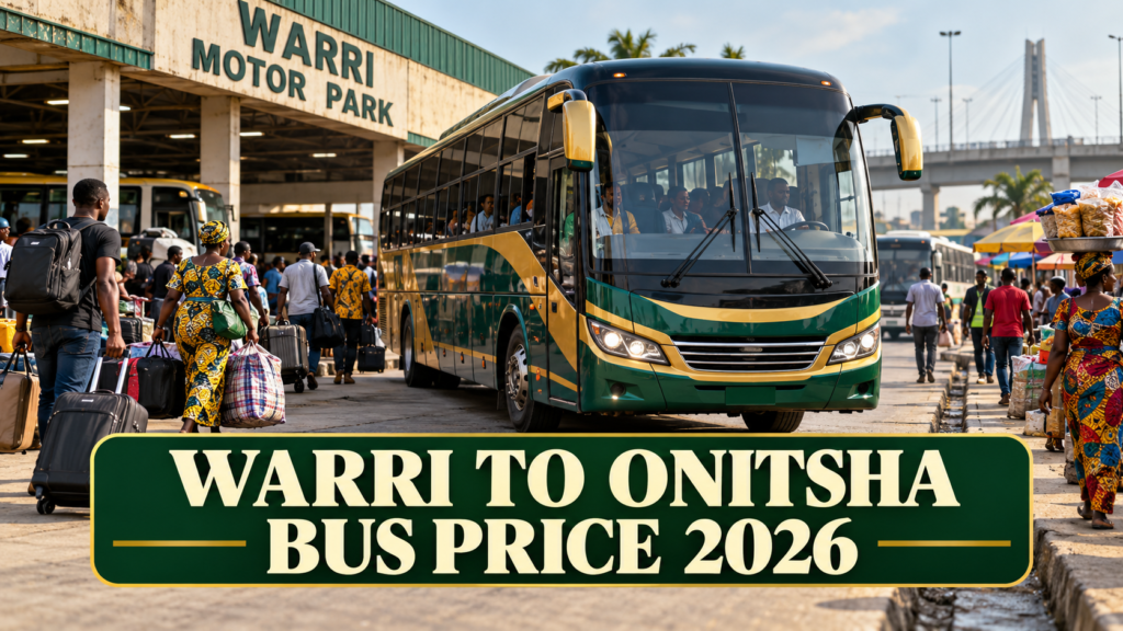 Travellers at a Warri motor park with Warri to Onitsha Bus Price 2026 text