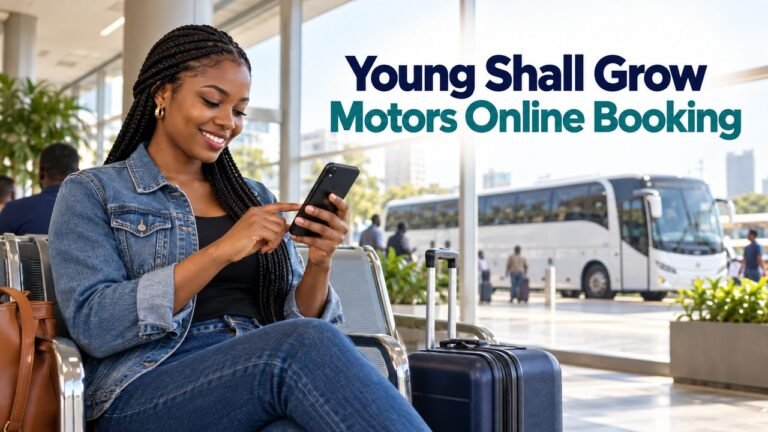 Traveller using a phone with the text Young Shall Grow Motors Online Booking