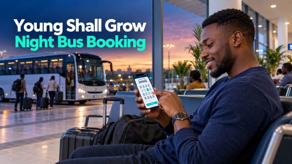 Traveller choosing a seat with the text Young Shall Grow Night Bus Booking