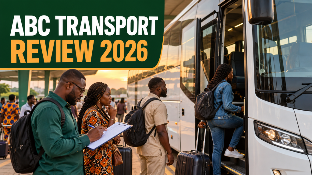 Nigerian travellers inspecting a coach with ABC Transport Review 2026 text