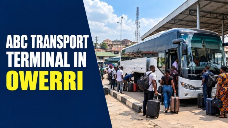 ABC Transport terminal in Owerri with passengers boarding a modern coach