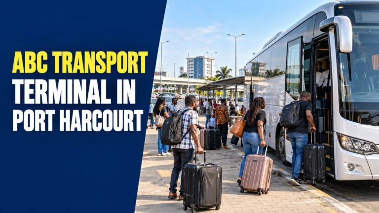 ABC Transport terminal in Port Harcourt with travellers boarding a coach