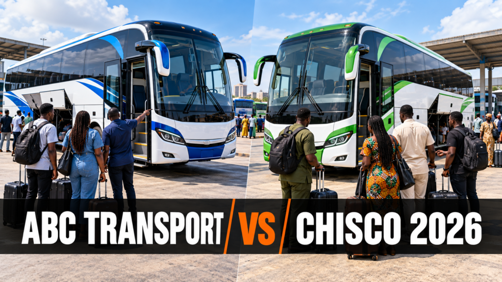 Two Nigerian luxury coaches side by side with ABC Transport vs Chisco 2026 text