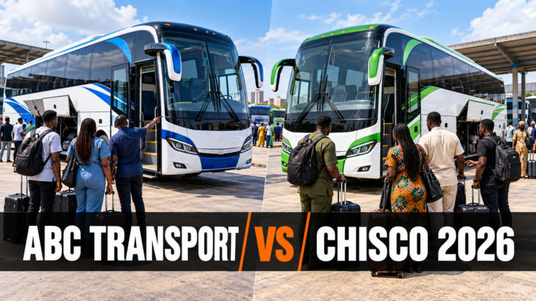 Two Nigerian luxury coaches side by side with ABC Transport vs Chisco 2026 text
