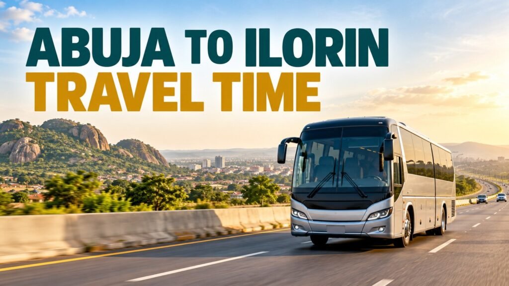 Intercity coach on the Abuja to Ilorin road with a travel-time headline