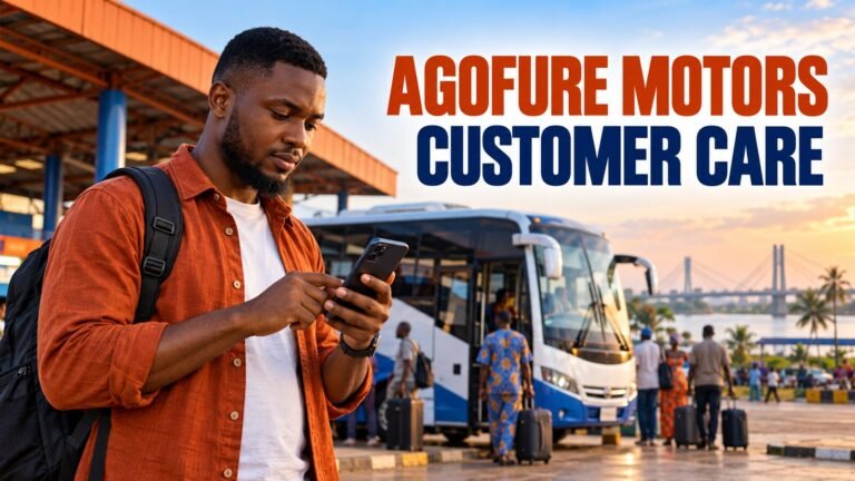 Nigerian traveller verifying an Agofure Motors terminal contact on a smartphone