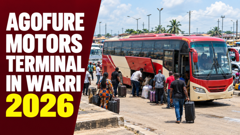 Warri and Effurun motor park scene with Agofure Motors Terminal in Warri 2026 text