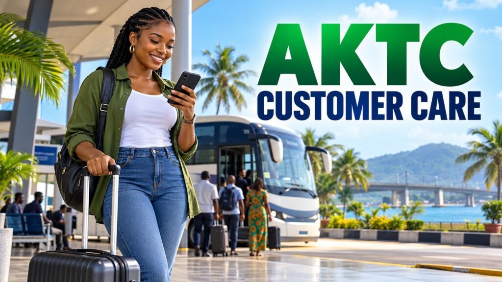 Nigerian passenger calling AKTC customer care beside an intercity terminal