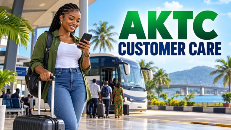 Nigerian passenger calling AKTC customer care beside an intercity terminal