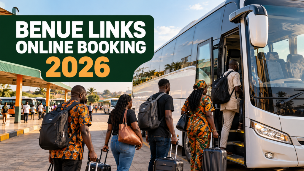 Nigerian passenger booking an interstate trip by phone with Benue Links Online Booking 2026 text