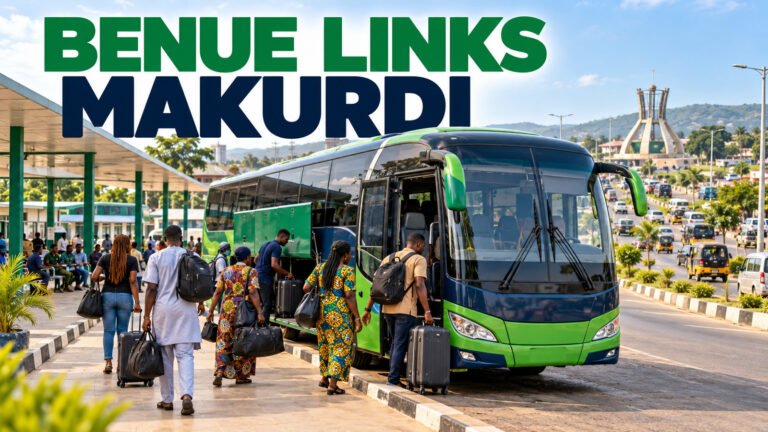 Benue Links terminal in Makurdi with a bus and travellers
