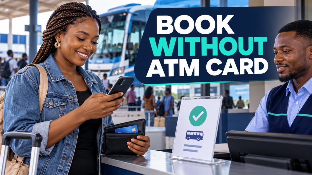 Nigerian traveller paying for a bus ticket by phone transfer at a terminal