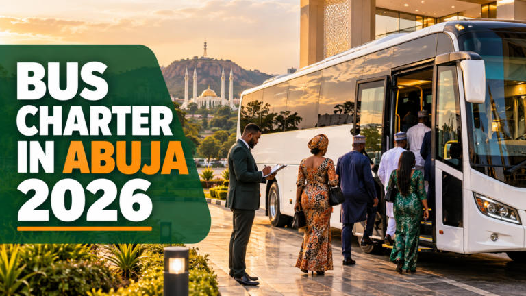 Modern charter coach in Abuja with Bus Charter in Abuja 2026 text